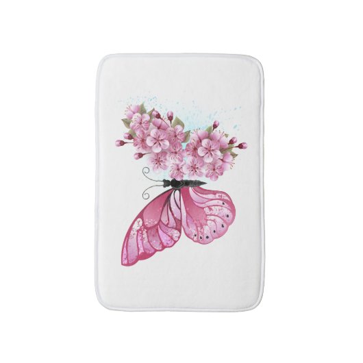 Bloem Vlinder met Roze Sakura Badmat (Voorkant Verticaal)
