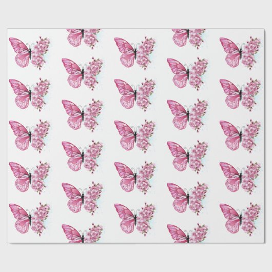 Bloem Vlinder met Roze Sakura Cadeaupapier (Vlak)