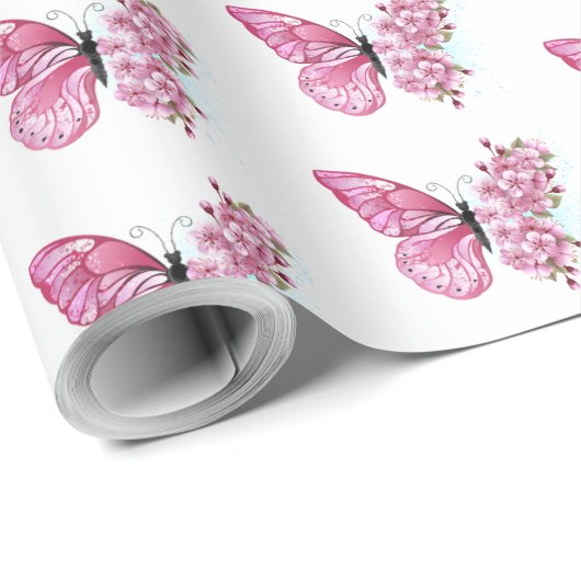 Bloem Vlinder met Roze Sakura Cadeaupapier (Rol Hoek)