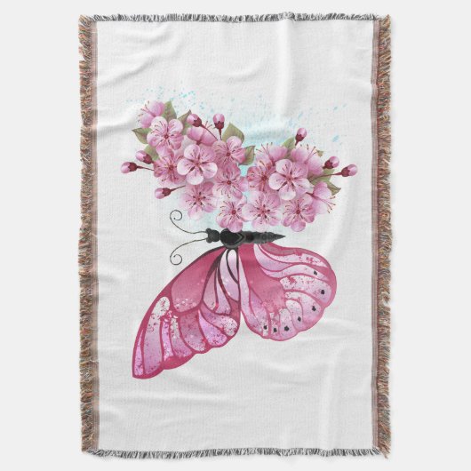 Bloem Vlinder met Roze Sakura Deken (Voorkant Verticaal)