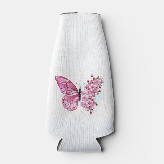 Bloem Vlinder met Roze Sakura Flesjeskoeler (Voorkant)
