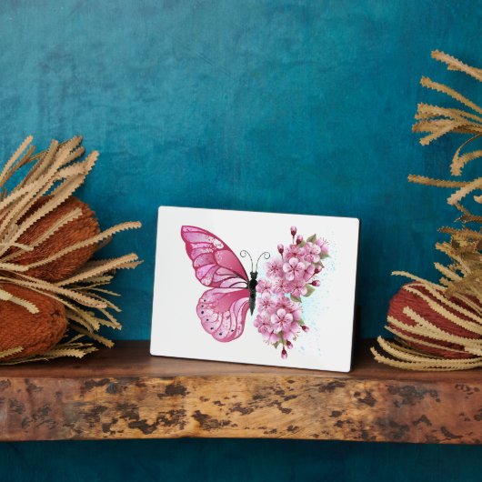 Bloem Vlinder met Roze Sakura Fotoplaat (Zijkant)
