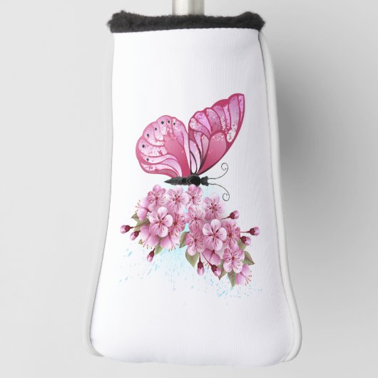 Bloem Vlinder met Roze Sakura Golfheadcover (Draai 90)