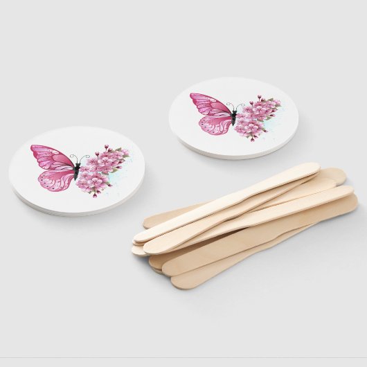 Bloem Vlinder met Roze Sakura Handwaaier (Niet-gemonteerd)