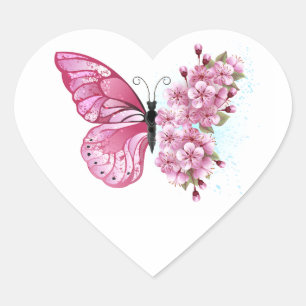Bloem Vlinder met Roze Sakura Hart Sticker