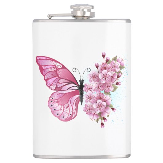 Bloem Vlinder met Roze Sakura Heupfles (Voorkant)
