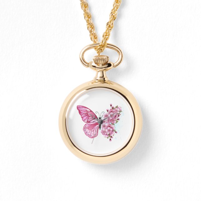 Bloem Vlinder met Roze Sakura Horloge (Voorkant)