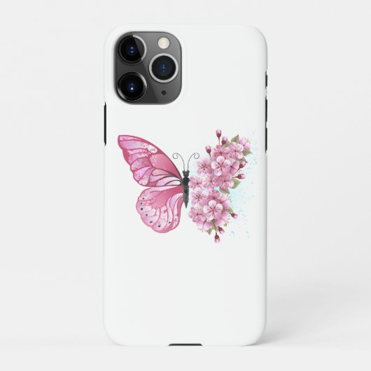 Bloem Vlinder met Roze Sakura iPhone Hoesje (Achterkant)