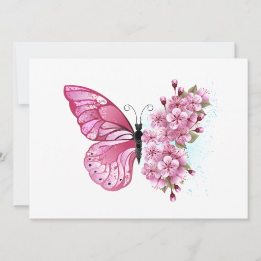 Bloem Vlinder met Roze Sakura Kaart (Voorkant)