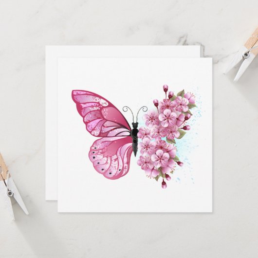 Bloem Vlinder met Roze Sakura Kaart (Voorkant / Achterkant in situ)