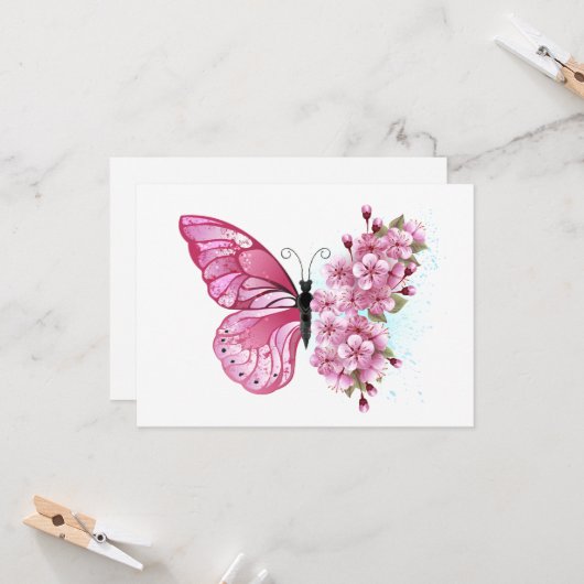 Bloem Vlinder met Roze Sakura Kaart (Voorkant / Achterkant in situ)