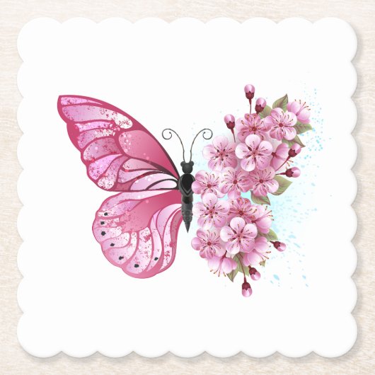 Bloem Vlinder met Roze Sakura Kartonnen Onderzetters (Voorkant)