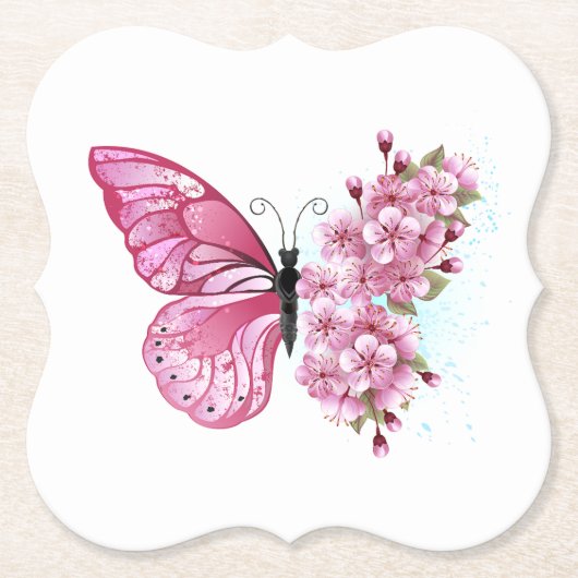 Bloem Vlinder met Roze Sakura Kartonnen Onderzetters (Voorkant)