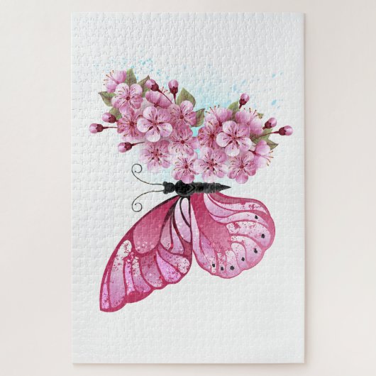 Bloem Vlinder met Roze Sakura Legpuzzel (Verticaal)