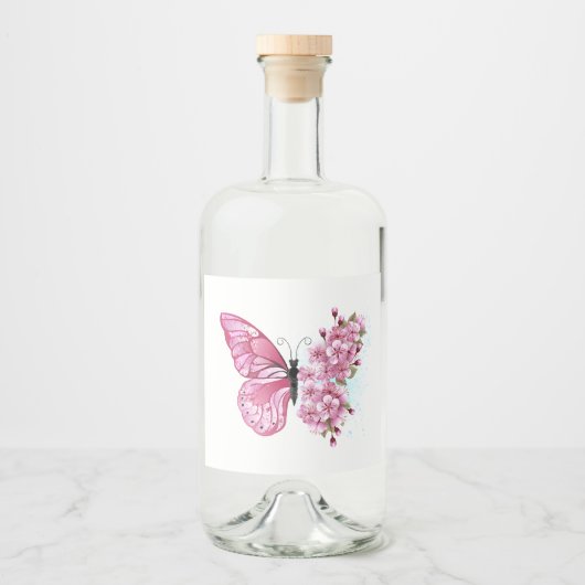 Bloem Vlinder met Roze Sakura Likeurfles Etiket (Voorkant)