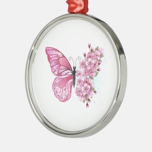 Bloem Vlinder met Roze Sakura Metalen Ornament (Links)