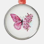 Bloem Vlinder met Roze Sakura Metalen Ornament (Voorkant)