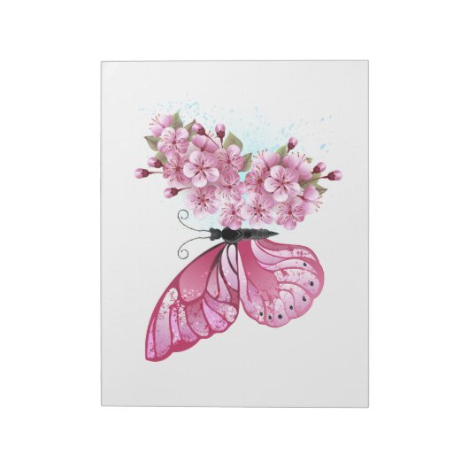 Bloem Vlinder met Roze Sakura Notitieblok (Linkerzijde)