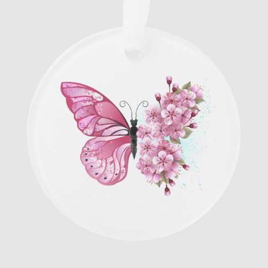 Bloem Vlinder met Roze Sakura Ornament (voorkant)