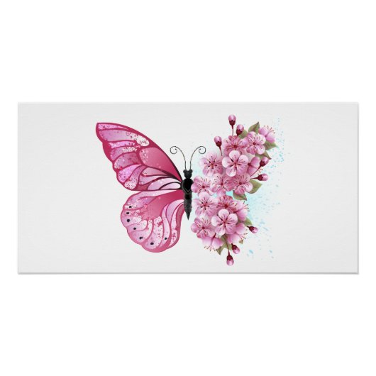 Bloem Vlinder met Roze Sakura Perfect Poster (Voorkant)
