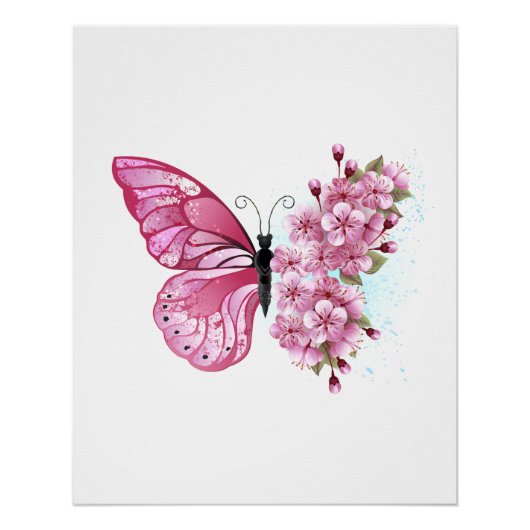 Bloem Vlinder met Roze Sakura Perfect Poster (Voorkant)