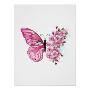 Bloem Vlinder met Roze Sakura Perfect Poster