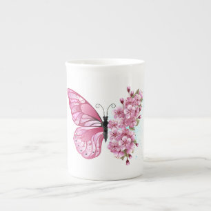 Bloem Vlinder met Roze Sakura Porselein Kop