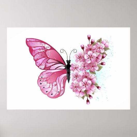 Bloem Vlinder met Roze Sakura Poster (Voorkant)