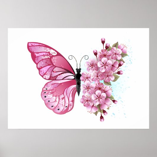 Bloem Vlinder met Roze Sakura Poster (Voorkant)
