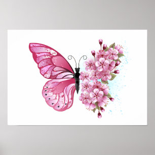Bloem Vlinder met Roze Sakura Poster