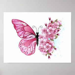 Bloem Vlinder met Roze Sakura Poster
