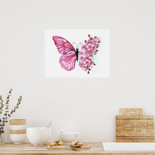 Bloem Vlinder met Roze Sakura Poster (Keuken)