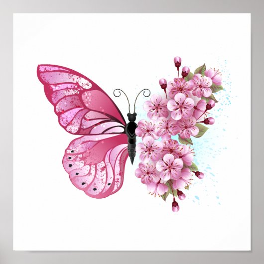 Bloem Vlinder met Roze Sakura Poster (Voorkant)