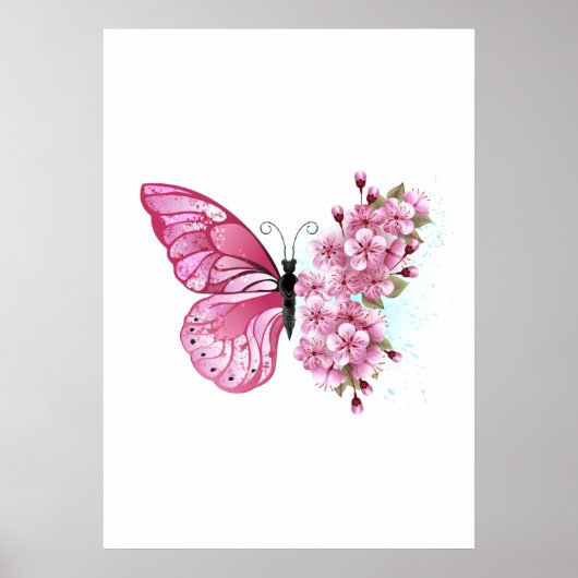 Bloem Vlinder met Roze Sakura Poster (Voorkant)