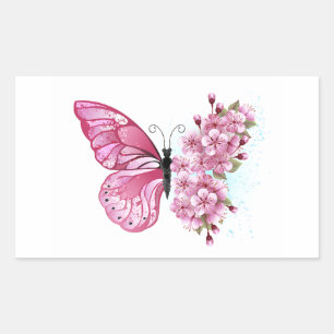 Bloem Vlinder met Roze Sakura Rechthoekige Sticker