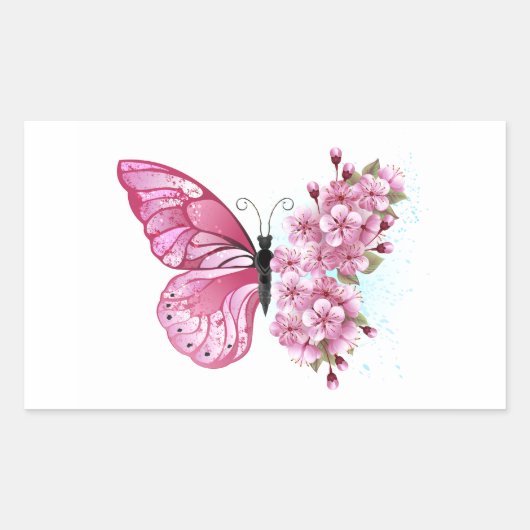 Bloem Vlinder met Roze Sakura Rechthoekige Sticker (Voorkant)