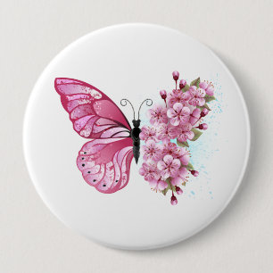 Bloem Vlinder met Roze Sakura Ronde Button 4,0 Cm