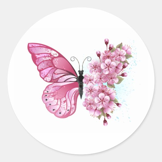 Bloem Vlinder met Roze Sakura Ronde Sticker (Voorkant)