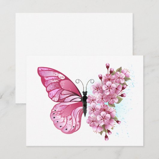 Bloem Vlinder met Roze Sakura Save The Date (Voorkant / Achterkant)