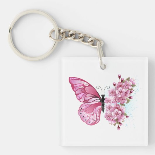 Bloem Vlinder met Roze Sakura Sleutelhanger (voorkant)