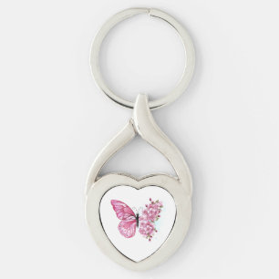 Bloem Vlinder met Roze Sakura Sleutelhanger