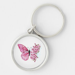 Bloem Vlinder met Roze Sakura Sleutelhanger