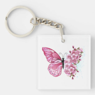 Bloem Vlinder met Roze Sakura Sleutelhanger