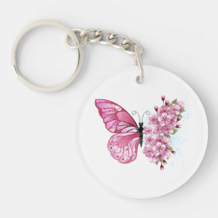 Bloem Vlinder met Roze Sakura Sleutelhanger