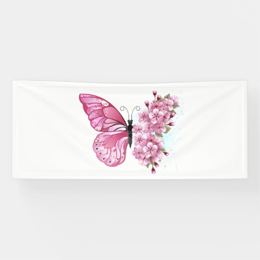 Bloem Vlinder met Roze Sakura Spandoek (Horizontaal)