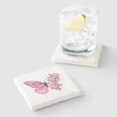 Bloem Vlinder met Roze Sakura Stenen Onderzetter (Zijkant)