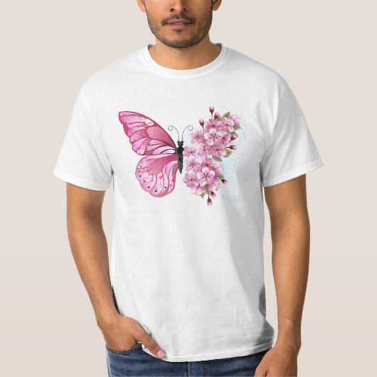 Bloem Vlinder met Roze Sakura T-shirt (Voorkant)