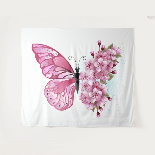 Bloem Vlinder met Roze Sakura Wandkleed (Voorkant (horizontaal))