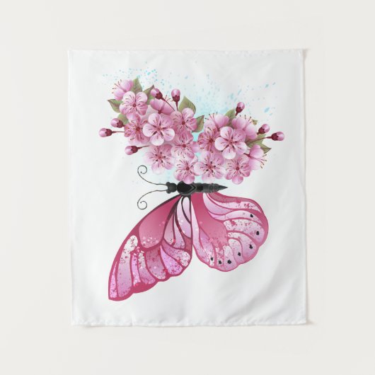 Bloem Vlinder met Roze Sakura Wandkleed (Voorkant)