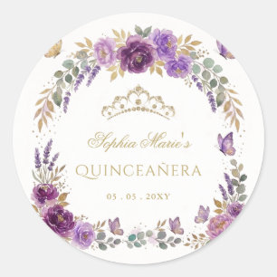 Bloem Vlinder Paars Gouden Tiara Quinceañera Ronde Sticker